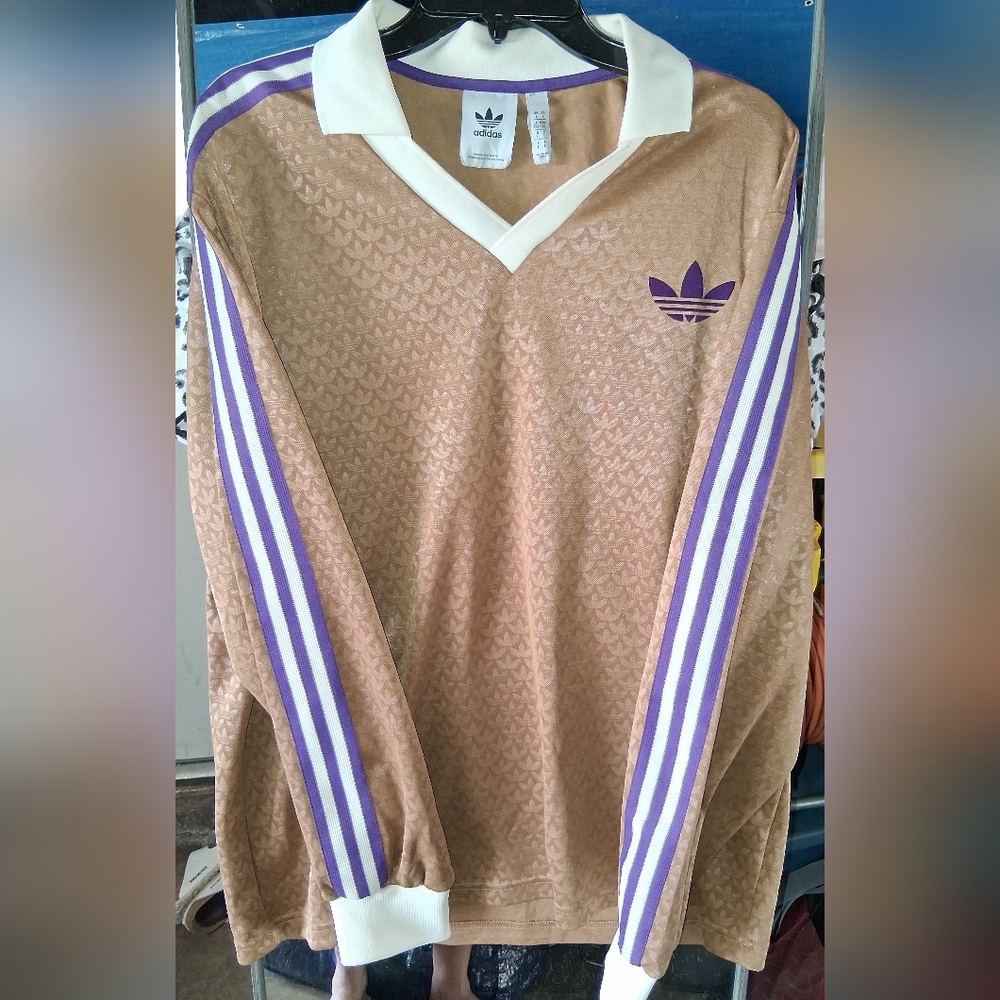 Adidas Tan V-Neck Shirt with Purple Stripes - Picture 2 of 8